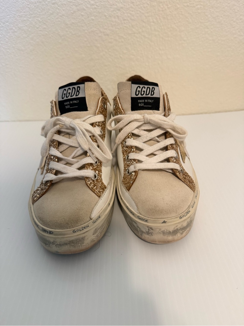 Golden Goose Low-Top Sneakers in White with Gold Glitter Heel